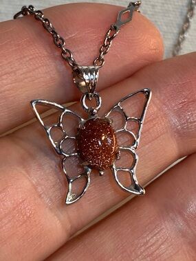 Silver Butterfly Necklace ✨ with Goldstone Cabochon Pendant 20” Chain